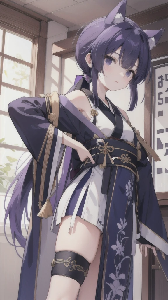 Navy blue short ponytail,black eyes,Wolf's ears,Purple Hanfu armor,longbow