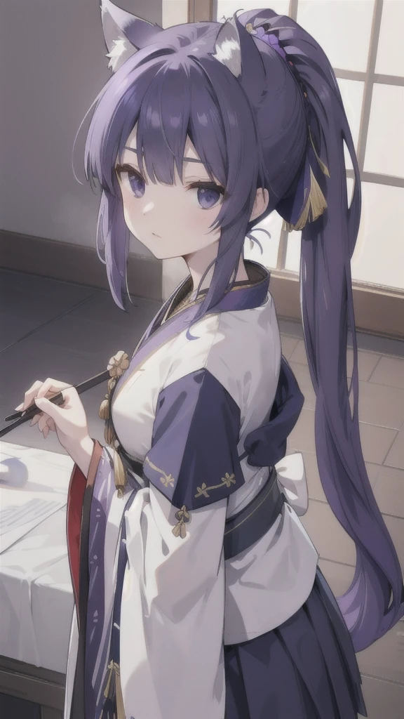 Navy blue short ponytail，black eyes，Wolf's ears，Purple Hanfu armor，longbow