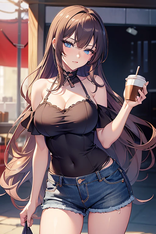 (masterpiece, Best Quality, ultra-detailed, high resolution, extremely detailed CG, official art, Professional Lighting, Perfect Anatomy, anime colors), (from below), looking at viewer, cowboy shot, perfect body, a 24yo beautiful girl, sidelocks, hairband, earrings,medium hips, glamorous body,a small face,beautiful-makeup,Makeup light,dark brown hair, Amazing Cleavage, thin waist, cute ass, Raised sexy, small breast: 1.2 posed cleavage:1.2, (off shoulders,Denimbra,legginullnude), micro denim shorts, bare legs, nail_polish, pale skin, Waiting friend, (morning:1.5), tokyo, (convenience store:1.3), outdoor, (depth of field:1.3), contrapposto, (Hold a coffee in your hand:1.3),delicate beautiful face, Bright blue eyes, cute eyes, sparkling eyes, Big eyes, (perky chest:1.1), (pointed chest:1.3), looking at viewer,
