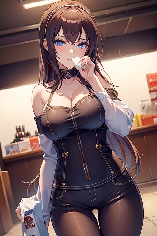 (masterpiece, Best Quality, ultra-detailed, high resolution, extremely detailed CG, official art, Professional Lighting, Perfect Anatomy, anime colors), (from below), looking at viewer, cowboy shot, perfect body, a 24yo beautiful girl, sidelocks, hairband, earrings,medium hips, glamorous body,a small face,beautiful-makeup,Makeup light,dark brown hair, Amazing Cleavage, thin waist, cute ass, Raised sexy, small breast: 1.2 posed cleavage:1.2, (off shoulders,Denimbra,legginullnude), micro denim shorts, bare legs, nail_polish, pale skin, Waiting friend, (morning:1.5), tokyo, (convenience store:1.3), outdoor, (depth of field:1.3), contrapposto, (Hold a coffee in your hand:1.3),delicate beautiful face, Bright blue eyes, cute eyes, sparkling eyes, Big eyes, (perky chest:1.1), (pointed chest:1.3), looking at viewer,
