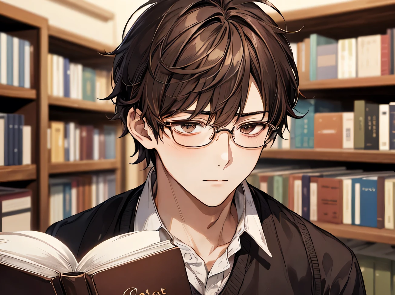 melancholy,masterpiece,highest quality,Face close-up, ,melancholy, book store clerk, apron,Male,25age,male,alone,Glasses,Kedaruge、messy hair, Brown,shirt,,book store,Background Bookshelf