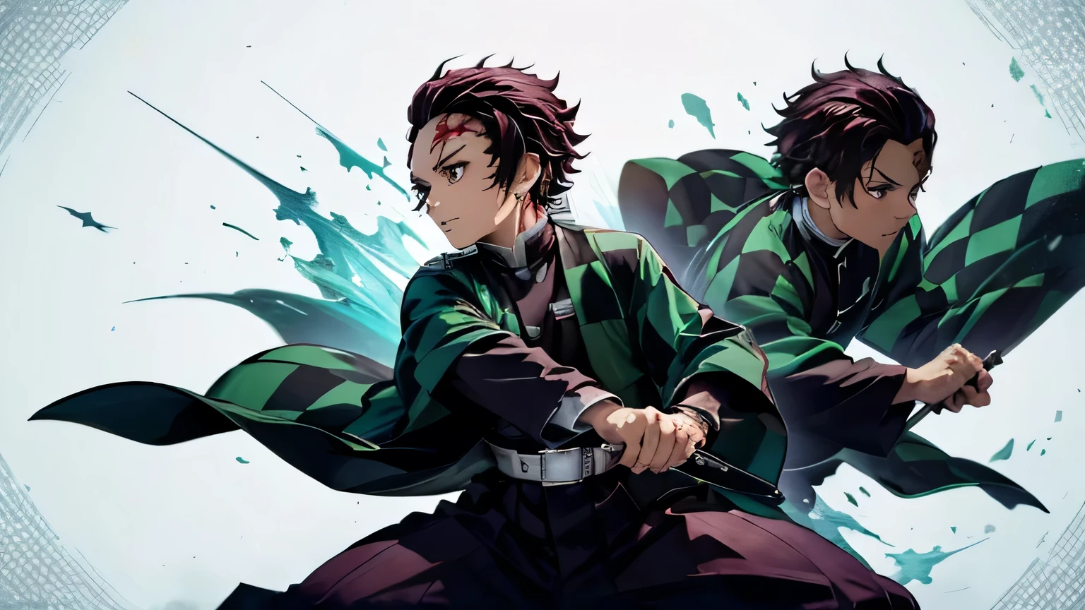 「Demon slayer」Please create an illustration of Tanjiro Kamado。He is wearing the standard Demon Slayer uniform.、He is wearing a green and black checkered haori coat.。His hair is dark、It's a little wavy.、There is a distinctive scar on the forehead。He holds a Nichirin sword in both hands.、Please draw them in an offensive or defensive stance.。The blade of the sword is black、The pattern is red。Tanjiro&#39;s expression is full of determination.、Reflect your concentration。The pose is dynamic、Put one foot forward、Pull the other leg back、bend your knees slightly、Please turn your body slightly to the side.。The background is simple and natural（for example、Forest and mountain scenery）Please。Be sure to include Tanjiro&#39;s signature Hanafuda earrings.。Only one person

