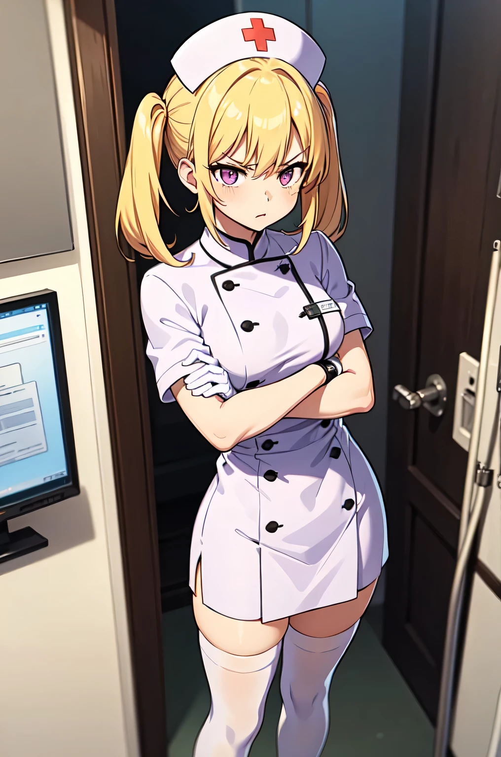 1girl, solo, nurse, nurse cap, white nurse uniform, ((white legwear, zettai ryouiki)), white gloves, twintails, yellow hair, purple eyes, angry, crossed arms, standing, ((hospital room)), sharp outline, short sleeves, best quality, masterpiece