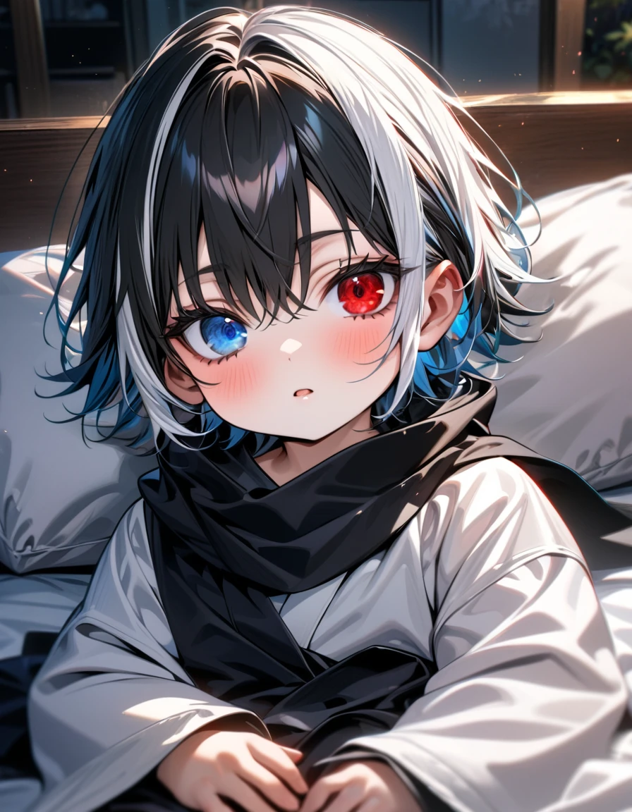 absurdres, highres, ultra detailed, HDR, master piece, best quality, extremely detailed face and eyes, Gojo Satoru as a baby, short hair with bangs, hair between the eyes, he has two different hair colour, bicolored hair, right half black hair, left half white hair, heterochromia, right eye red, left eye blue, white eyelashes, Jujutsu Kaisen, solo, cute, black scarf, white haori, black kimono, room, bed, pillows, lying on a bed