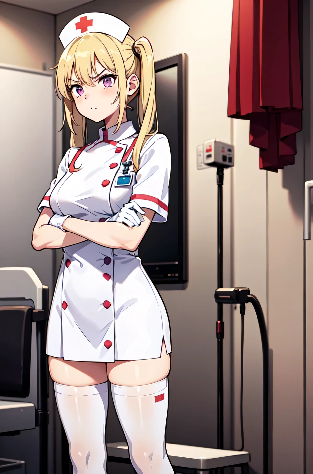 1girl, solo, nurse, nurse cap, white nurse uniform, ((white legwear, zettai ryouiki)), white gloves, twintails, yellow hair, purple eyes, angry, crossed arms, standing, ((hospital room)), sharp outline, short sleeves, best quality, masterpiece