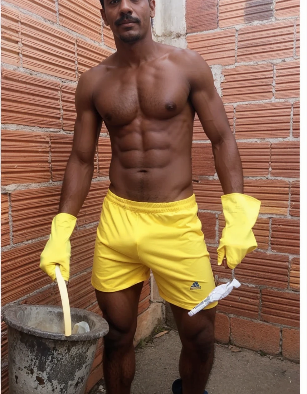 Homem branco de bigode sem camisa de sunga musculoso