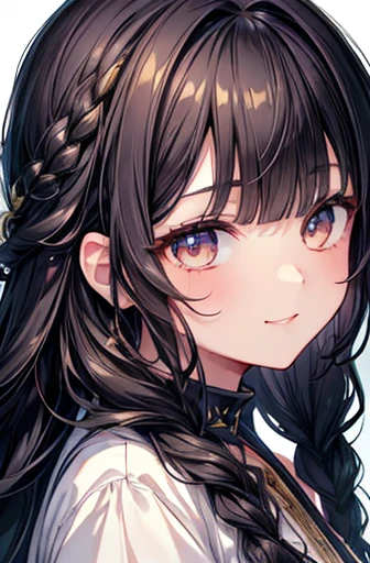 (​masterpiece),(top-quality),(ultra-detailliert),hight resolution,in 8K animation,1girl,black hair,twin braid hair,wavy hair,(round eyes),blunt bangs,kind smile,[violet eyes:(gold eyes):0.4],(beautifull detailed face),(beatiful detailed eyes)