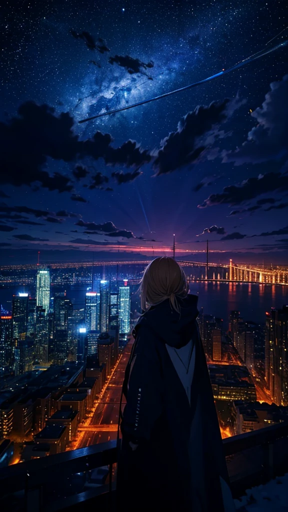 １people々々々々々々々々々々々々々々々々,Blonde long-haired woman，Hooded parka， Dress Silhouette， Rear View，Space Sky, comet, Anime Style, City night view from the rooftop，A pillar of light stretching into space，