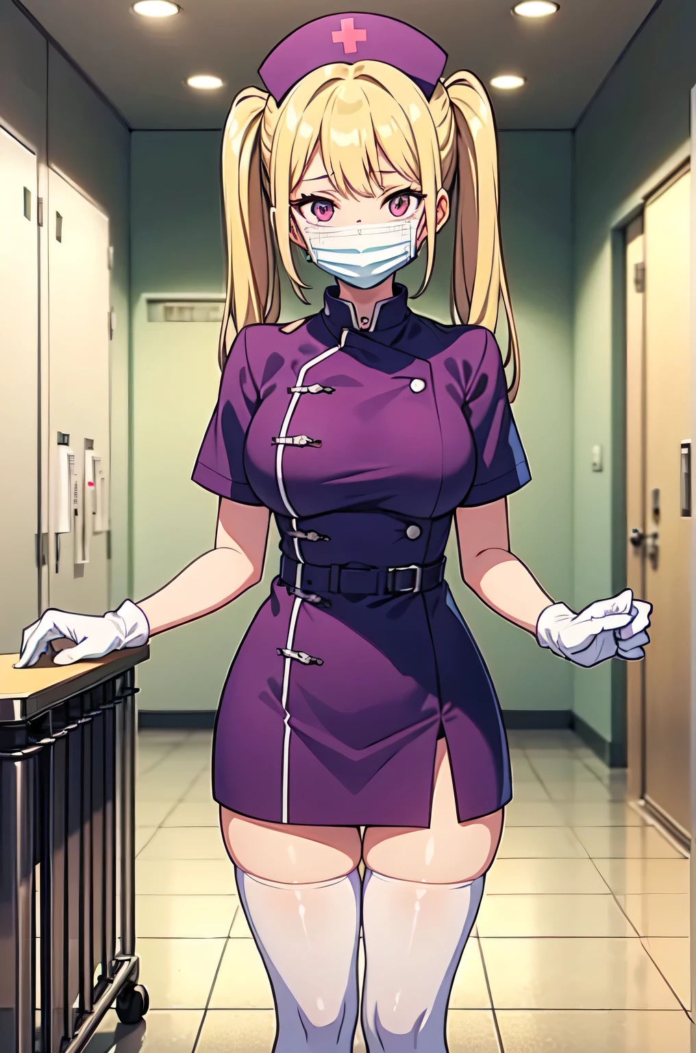 1girl, solo, nurse, nurse cap, white nurse uniform, ((white legwear, zettai ryouiki)), white gloves, twintails, yellow hair, purple eyes, ((white surgical mask, covered nose)), standing, ((hospital room)), sharp outline, short sleeves, best quality, masterpiece