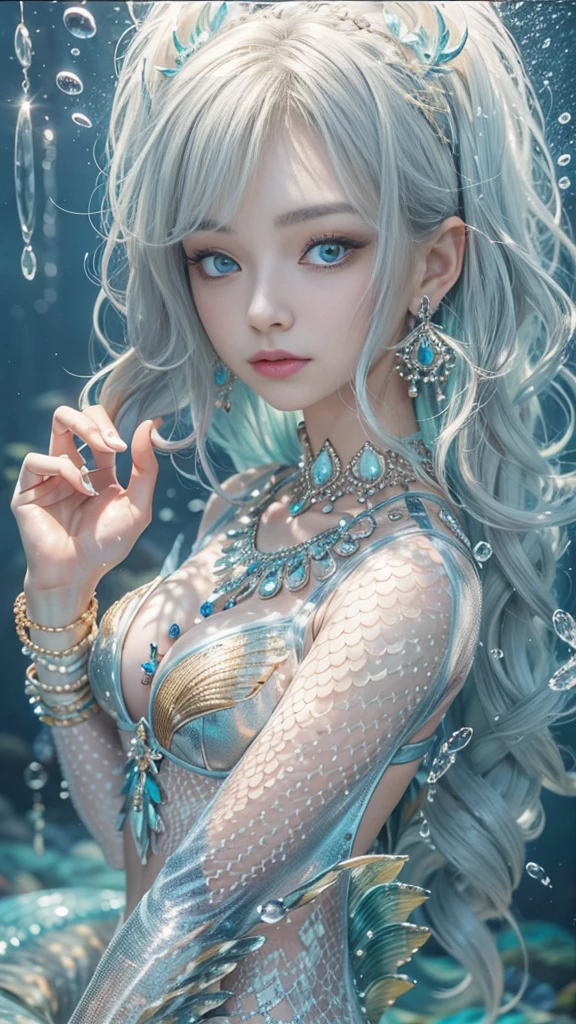 (RAW shooting, 32k, highest quality, masterpiece, Ultra-high resolution), (Deep sea at night:1.0, Dramatic moonlight:0.7, Mysterious underwater world:1.3, Expressions of sadness:1.0), Side Shot, Fractal Art:1.3, Perfect dynamic composition:1.2, Very detailedな肌と顔の質感:1.2, Beautiful shell and coral decoration, Surrounded by lots of colorful fish, Rich underwater vegetation, (The subject is being viewed from a distance:1.3, Dynamic flow of water waves:1.2, Slim mermaid figure:1.0, Shimmering Scales, Mermaid tail), Fair skin, Incredibly slim body:0.8, Very beautiful face, Water droplets on the skin, Very detailed, Gorgeous silver shiny dress portrait, Big eyes that exude beauty, Beautiful big lips, elegant and sophisticated, Unreal atmosphere, necklace, Earrings, bracelet