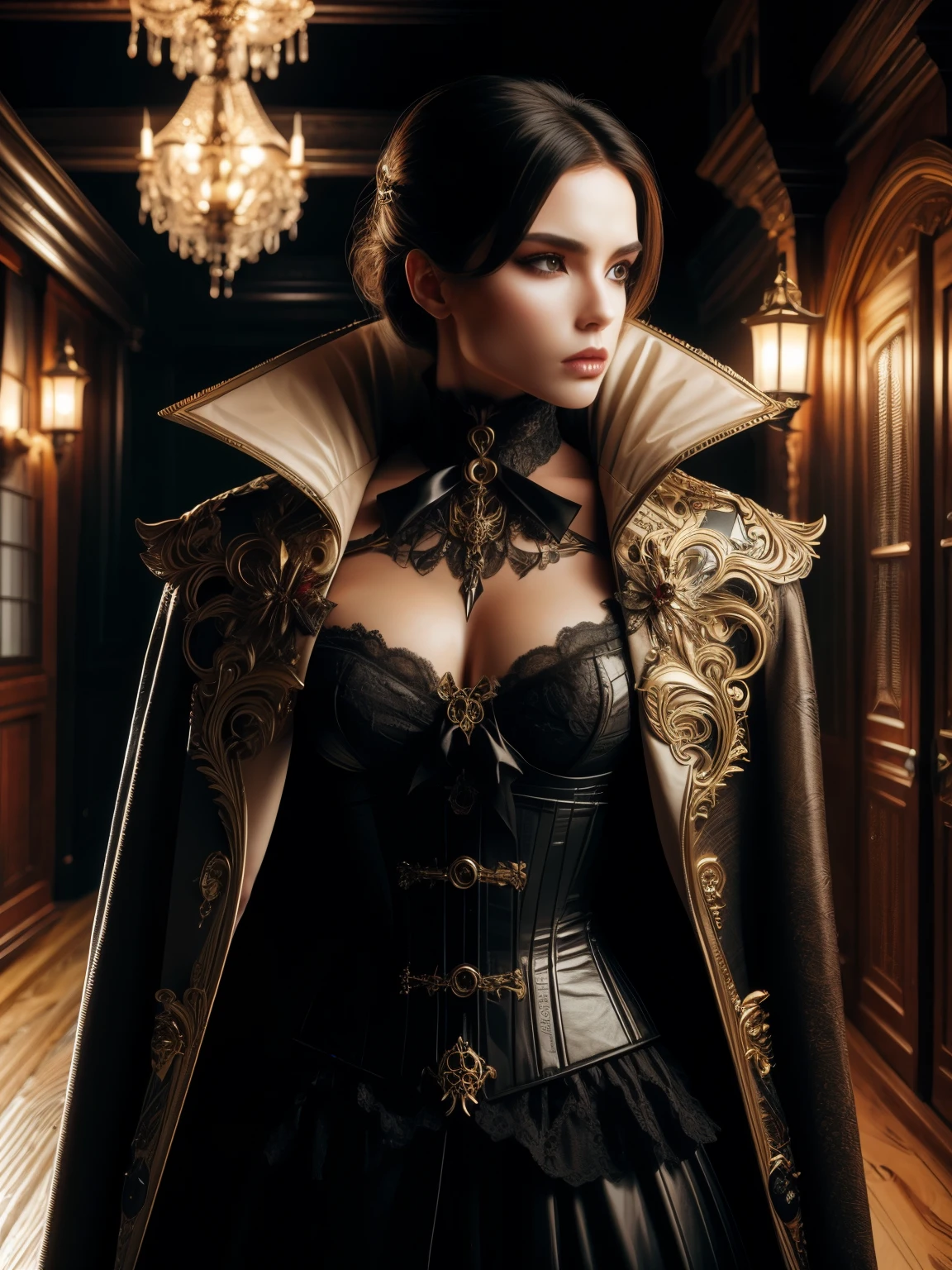 A photorealistic image of a Japanese girl, {wearing a long, dark, Victorian-style coat with a crimson lining, a white blouse with a high collar, and a black skirt}, standing in a dimly lit, ornate, Gothic-style hallway, Art Styles: hyper-realistic, Art Inspirations: Ash Thorp, Camera: EE 70mm lens, Shot: medium shot, Render Related Information: highly detailed, 4K, HDR, studio lighting with a touch of ambient light.