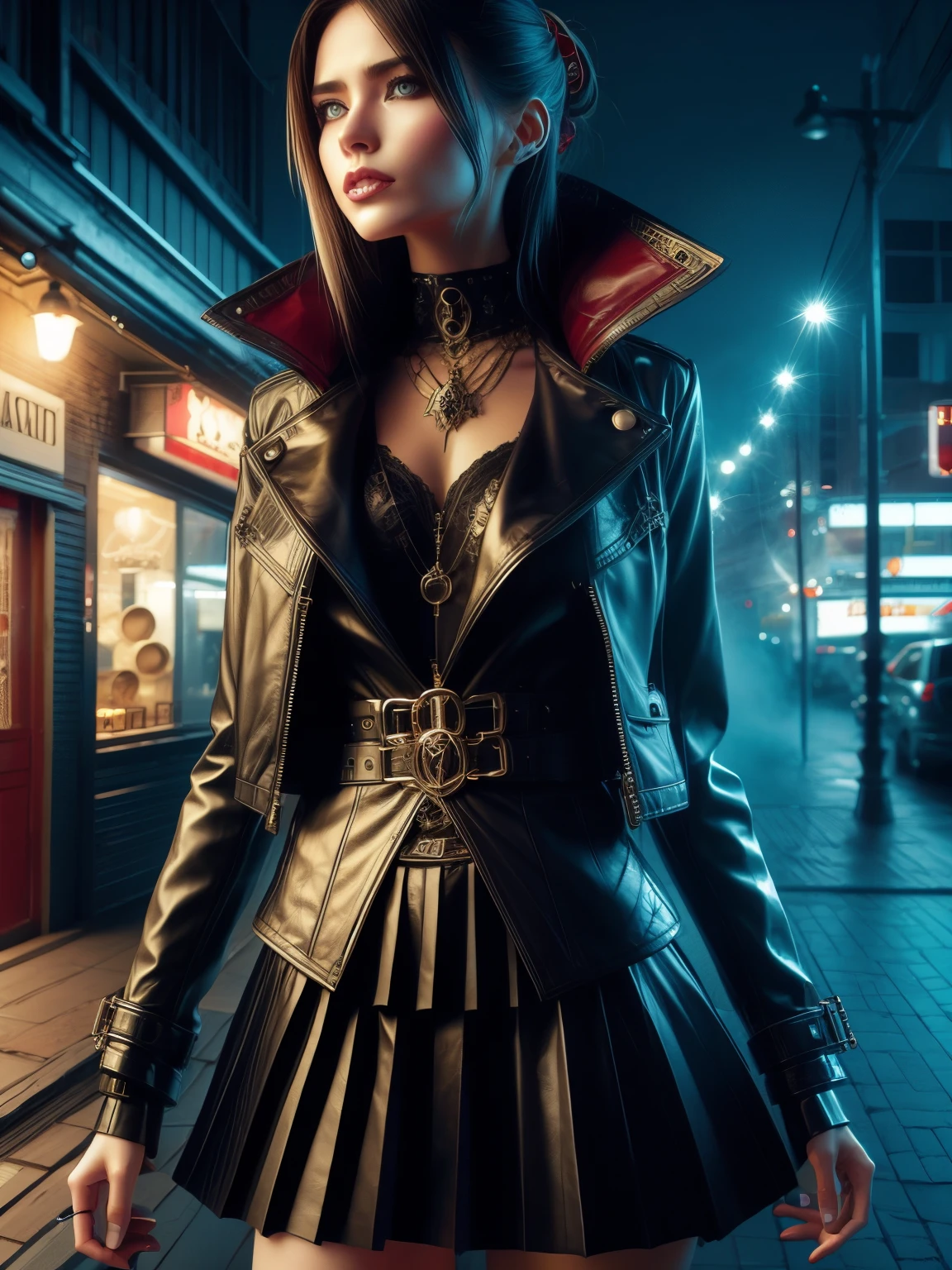 A digital illustration of a Japanese girl, {with porcelain-like skin, sharp facial features, and piercing brown eyes}, dressed in a modern, edgy, vampire-inspired outfit, {consisting of a black leather jacket, a white tank top, and a short, pleated skirt}, standing in a dark, misty, city alleyway at night, Art Styles: anime-inspired, Art Inspirations: Loish, Deviantart, Camera: 35mm lens, Shot: close-up, Render Related Information: vibrant colors, detailed textures, (intricate details:1.14).