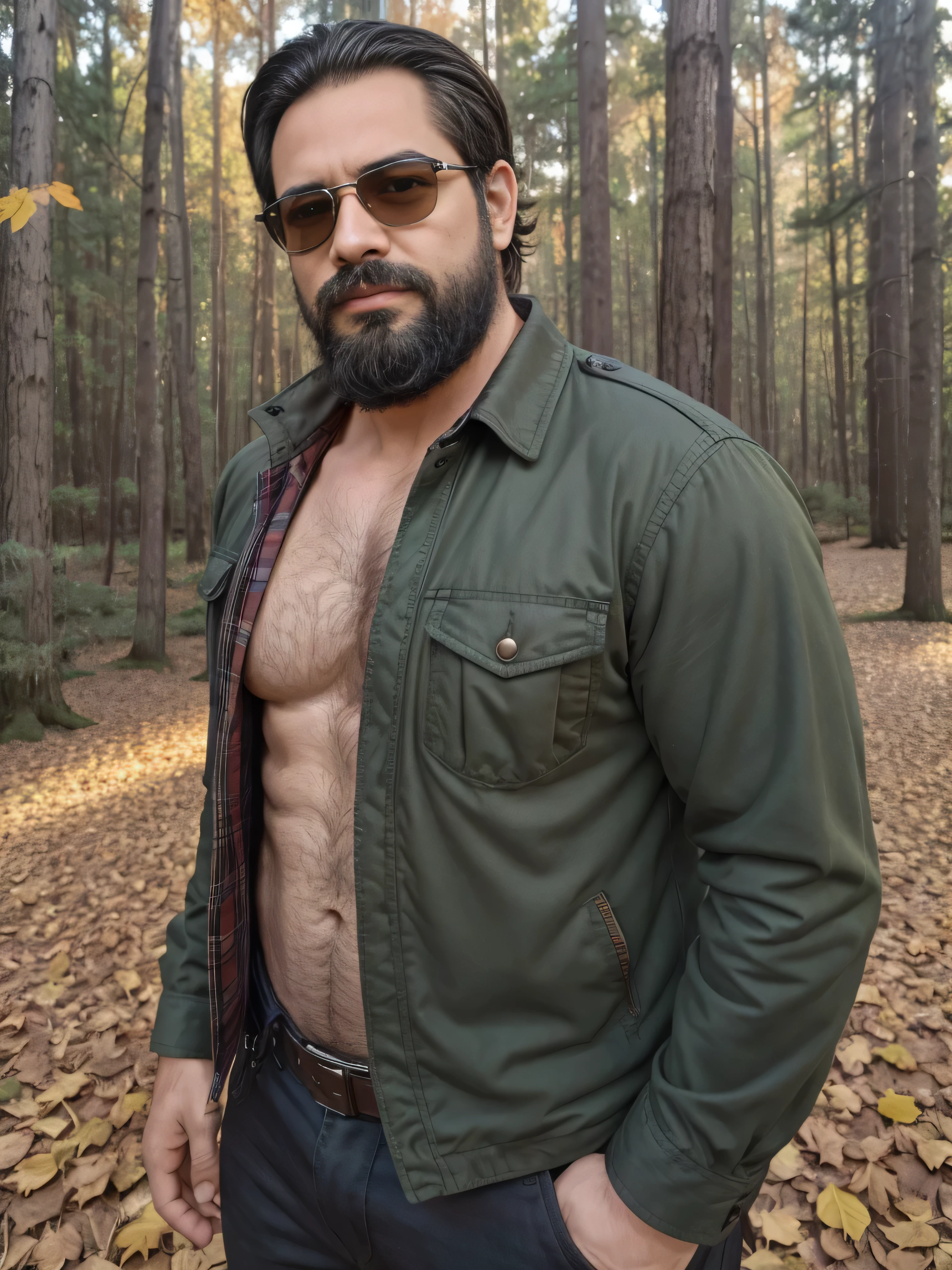 {
"prompt": "A very masculine 38-year-old man with a beard and wearing dark sunglasses, shown in a medium close-up shot displaying the upper part of his body. He is dressed in a rugged, outdoor outfit consisting of a dark green flannel shirt and a brown leather jacket. The background is a serene, autumn forest with tall trees and colorful fallen leaves covering the ground. The soft sunlight filters through the branches, casting a warm glow on the scene. The man stands confidently, his beard well-groomed, and his expression calm and introspective, blending seamlessly with the tranquil and natural surroundings.",
"size": "1024x1024"
}