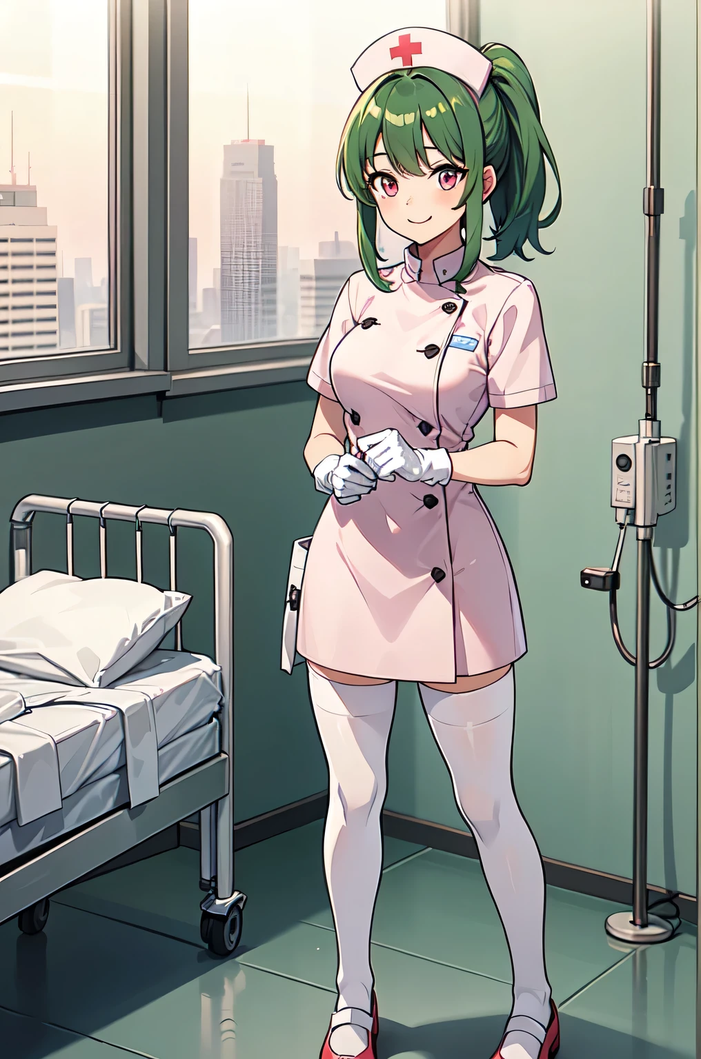 1girl, solo, nurse, nurse cap, white nurse uniform, ((white legwear, zettai ryouiki)), white gloves, ponytail, green hair, pink eyes, smile, standing, ((hospital room)), sharp outline, short sleeves, best quality, masterpiece