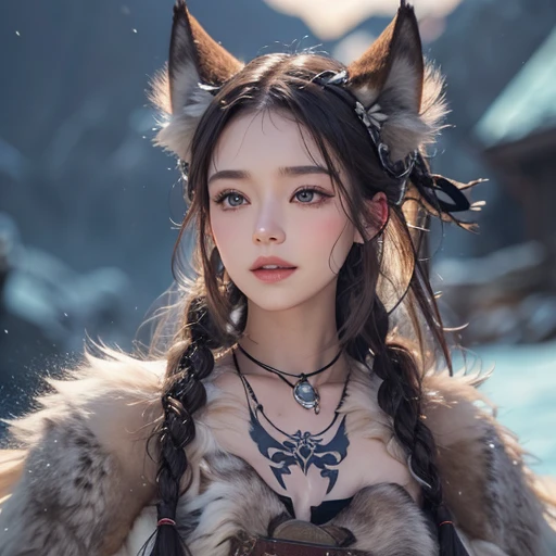 Lakeside surrounded by snowy mountains、Hair flow、 ((highest quality、masterpiece、8k、Best image quality、Ultra-high resolution、Award-winning works)、(Accurate anatomy:1.1)、(Look at me and smile:1.1)、Shining fair skin with Ultra-high resolution、The most detailed face、Ultra-high resolution detailed face、Ultra-high resolutionの髪の毛、(Ultra-high resolutionの煌めく瞳:1.1)、Beautiful face drawn in every detail、Ancient Viking clothing, Chest to chest, tattoo, A real wolf is by your side