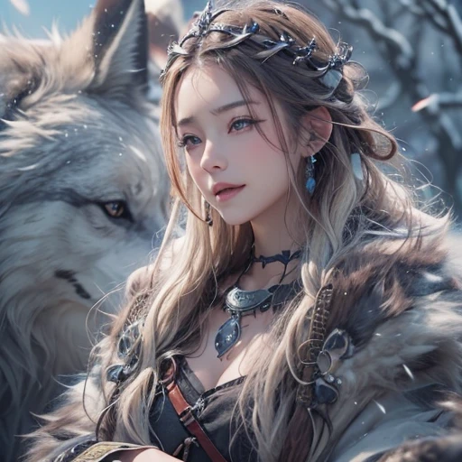 Lakeside surrounded by snowy mountains、Hair flow、 ((highest quality、masterpiece、8k、Best image quality、Ultra-high resolution、Award-winning works)、(Accurate anatomy:1.1)、(Look at me and smile:1.1)、Shining fair skin with Ultra-high resolution、The most detailed face、Ultra-high resolution detailed face、Ultra-high resolutionの髪の毛、(Ultra-high resolutionの煌めく瞳:1.1)、Beautiful face drawn in every detail、Ancient Viking clothing, Chest to chest, tattoo, A real wolf is by your side