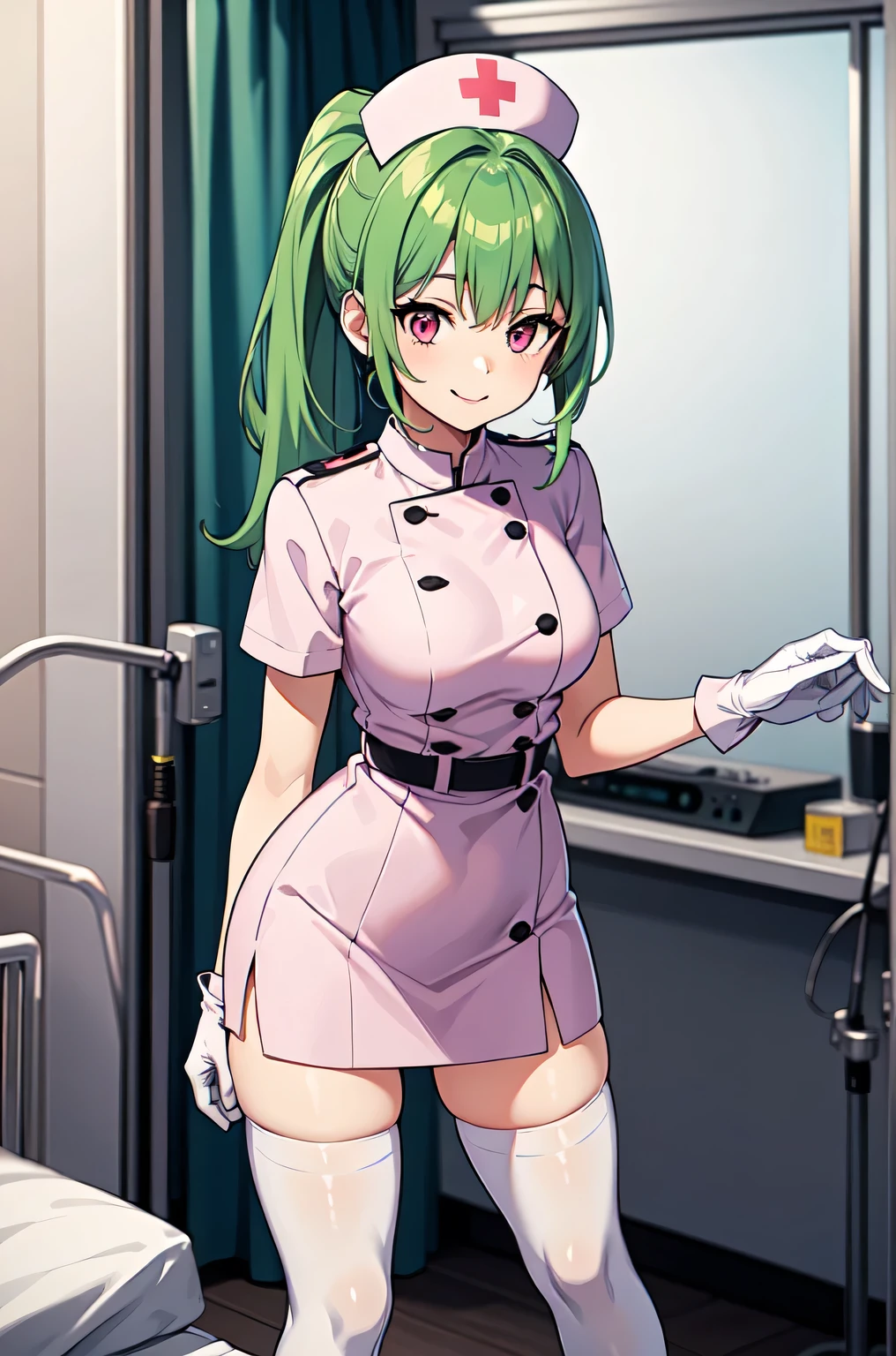 1girl, solo, nurse, nurse cap, white nurse uniform, ((white legwear, zettai ryouiki)), white gloves, ponytail, green hair, pink eyes, smile, standing, ((hospital room)), sharp outline, short sleeves, best quality, masterpiece