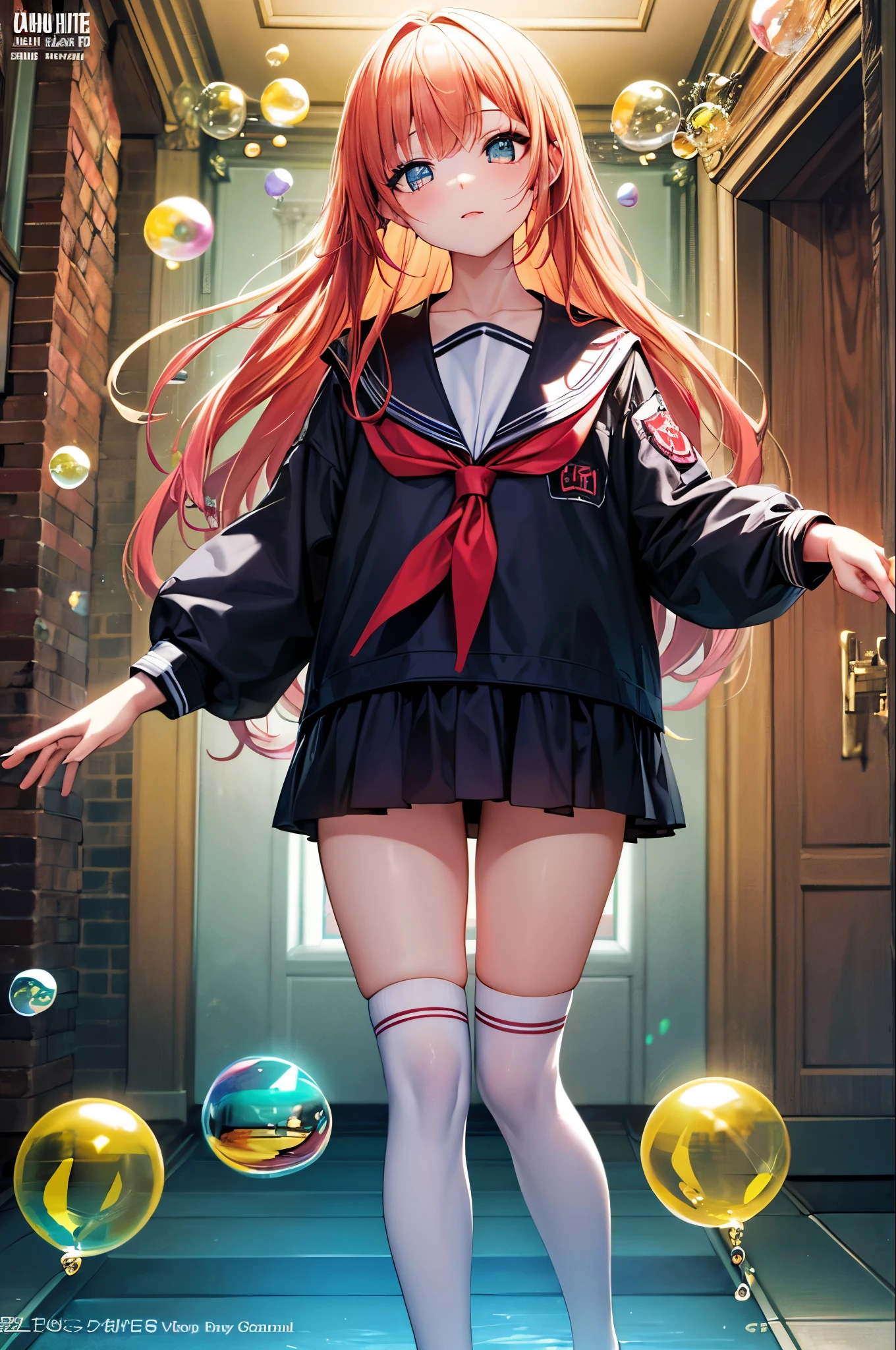 (masterpiece), (highest quality), (Official Art, Very detailed CG ユニティ 8k 壁紙), (Very detailed), ((Absurd)), One girl, Mid Shot, (Exquisite facial features),(serafuku:1.3) ((SFW)),((Clear hands)), ((White knee socks without shoes)),Aqua Eye, Colored contact lenses, Stars in my eyes, (((Colorful Bubbles))), Colorful glass, (Album cover)