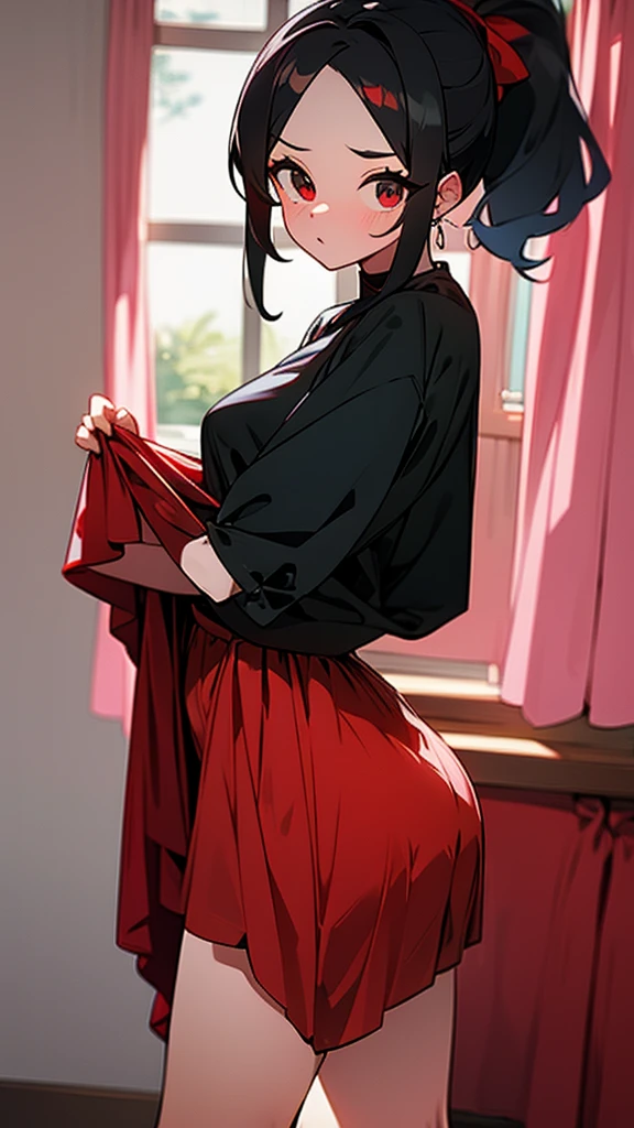 adulto, Cabello negro ondulado, mirada penetrante con ojos profundos de color rojo, estatura promedio, Silky hair with a ponytail hairstyle collected with a red bow with two white lines, tiene pechos medianos, primer plano, session, standing in the middle of his room [[[Risa malvada]]] , Sonrojada, muslos grandes, falda corta, blusa corta de tirantes, elfa, showing her ass to the camera, lifting her skirt so that her panties can be seen, skirt rising