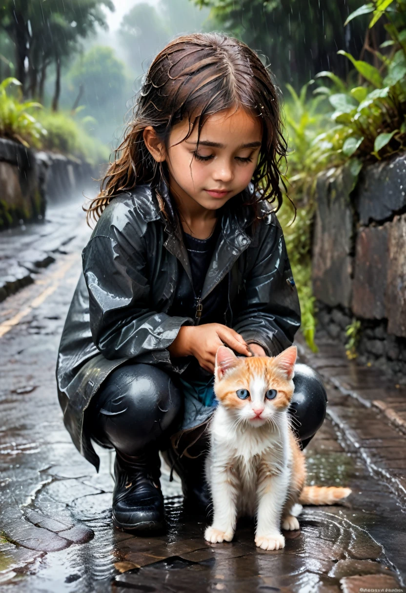 girl, CircuitBoardAI, tiny cute (happy1.4) cat in a (yellow raincoat1.3) in the woods, rain, a character portrait, Tilt-shift, bokeh