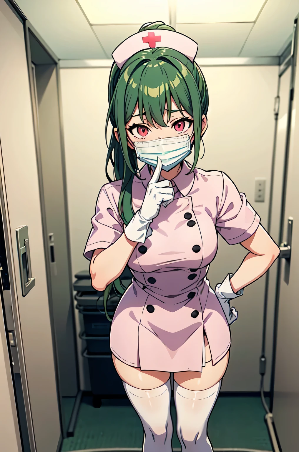 1girl, solo, nurse, nurse cap, white nurse uniform, ((white legwear, zettai ryouiki)), white gloves, ponytail, green hair, pink eyes, ((white surgical mask, covered nose)), standing, ((hospital room)), sharp outline, short sleeves, best quality, masterpiece