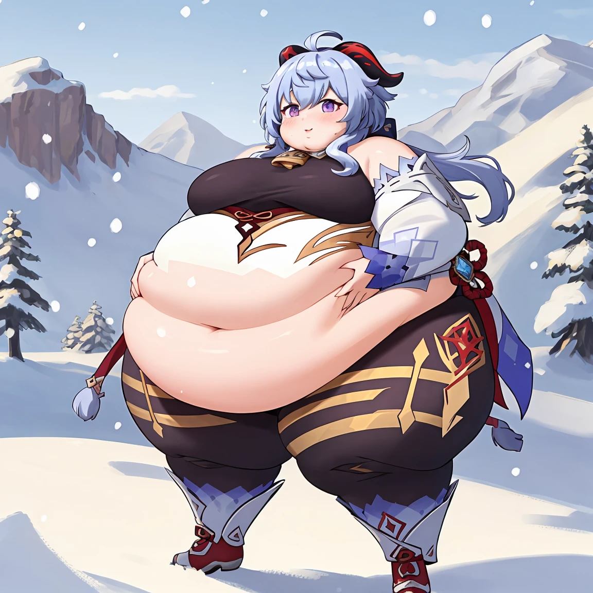 ((Masterpiece)), obese ganyu \(genshin impact\), thick thighs, chubby belly, fat arms, big cheeks, ganyudef, outdoors, mountains, snowing, purple eyes, 4K, ultra detailed
 