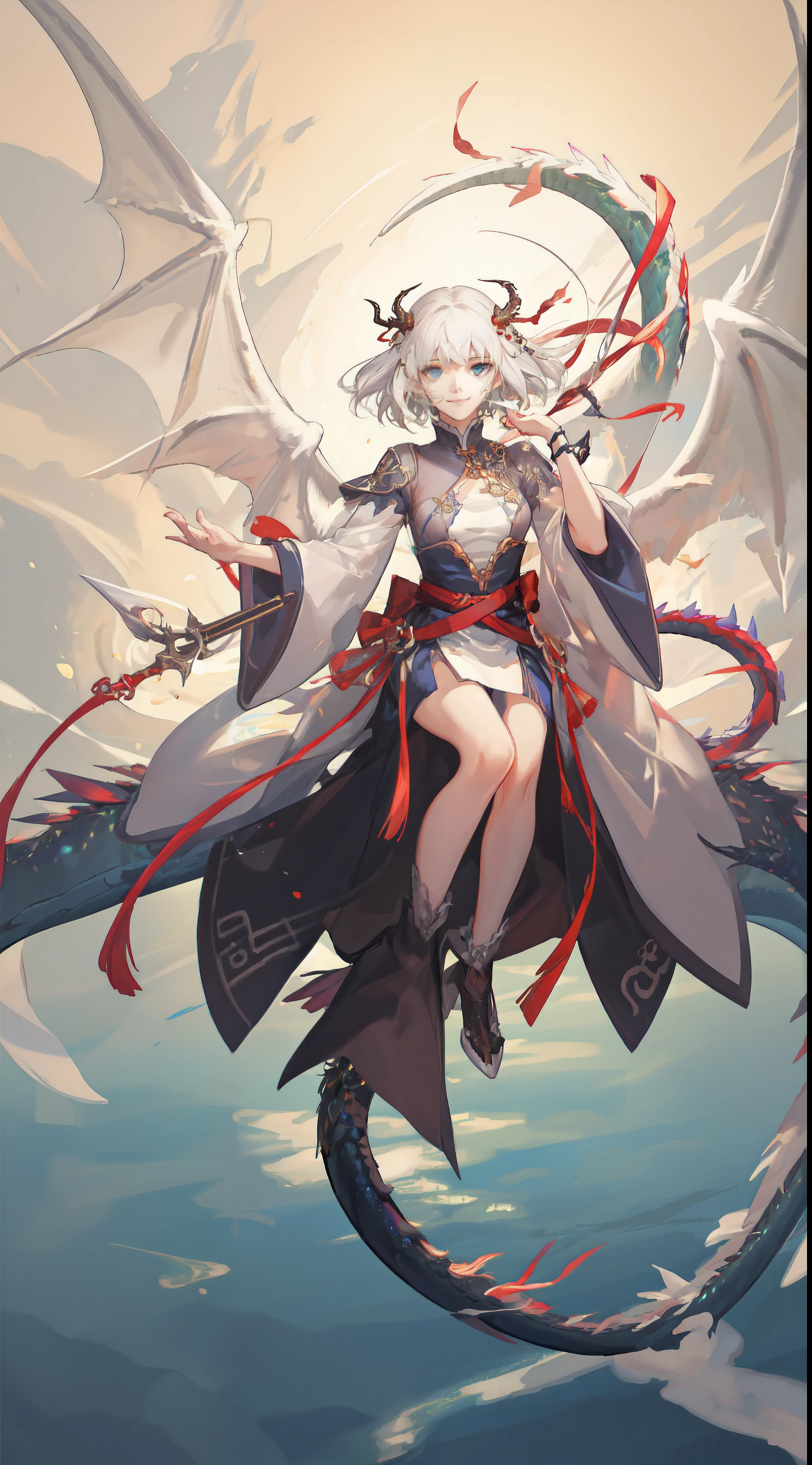 (Sheer and revealing white fluffy outfit:1.3, ),(Angel with glass wings floating on lake:1.3), (Dragon protecting a girl behind:1.3),Glossy light brown and orange striped shorthair,Cute smile,Perfect round face,A cheerful smile that makes the viewer happy,Proper body proportion,masutepiece,Super high-quality output images,hight resolution,Intricate details,Hair fluttering in a very delicate and beautiful wind,photos realistic,Dreamy,Professional Lighting,realistic shadow,Solo Focus,Beautiful hands,Beautiful fingers,Detailed finger features,detailed clothes features,Detailed hair features,detailed facial features,(Ghibli style:1.3), BREAK, (masterpiece, top quality, best quality, official art, beautiful and aesthetic:1.2), (elf), (1girl), solo, Bob cut hair, Blunt bangs, (hair between eye), white hair,(beautiful detailed face:1.2),eyelashes, blue eyes, eyeshadow, pink eyeshadow, art style by Artgerm, Wadim kashin, Kawacy,