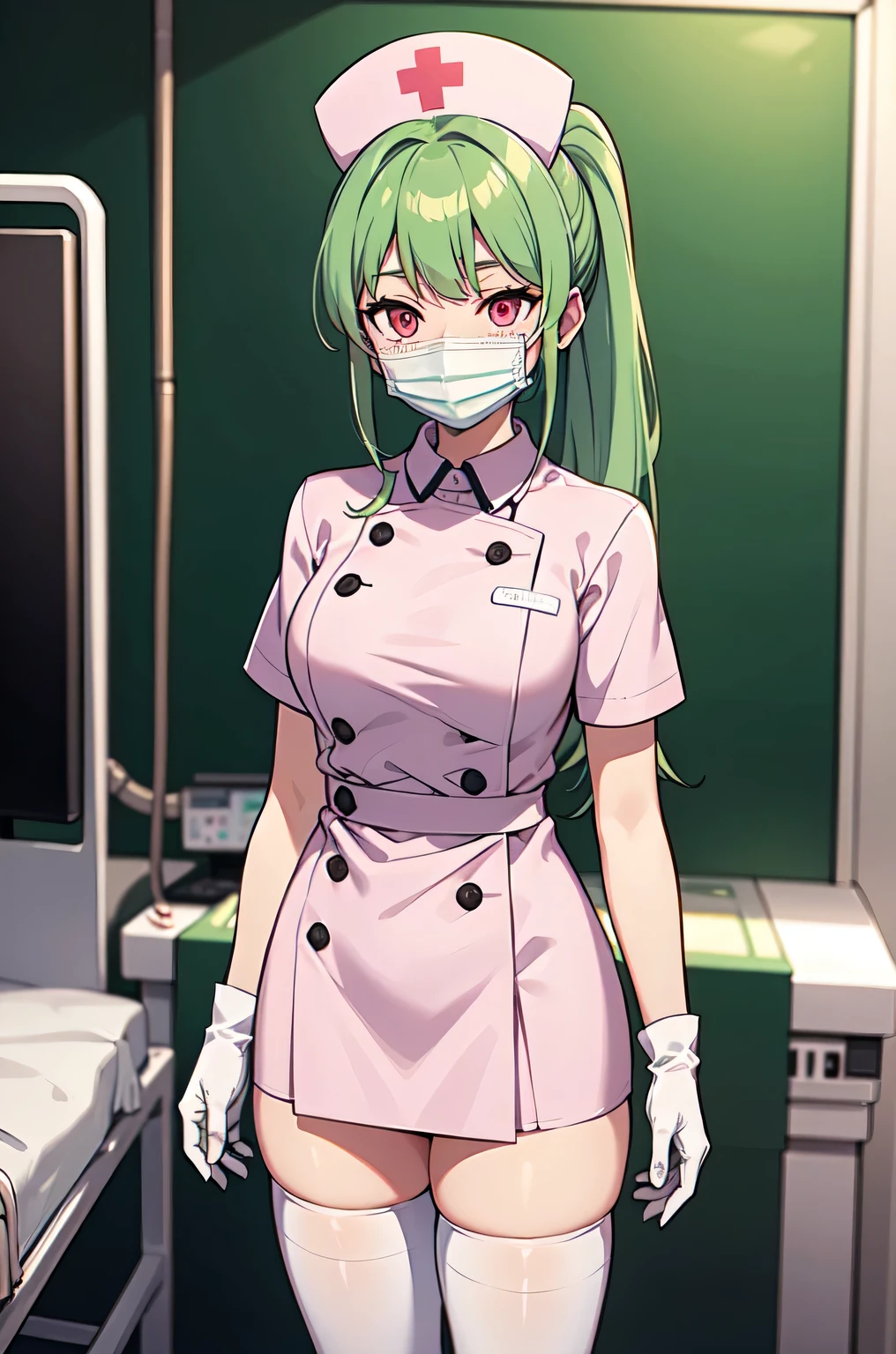 1girl, solo, nurse, nurse cap, white nurse uniform, ((white legwear, zettai ryouiki)), white gloves, ponytail, green hair, pink eyes, ((white surgical mask, covered nose)), standing, ((hospital room)), sharp outline, short sleeves, best quality, masterpiece