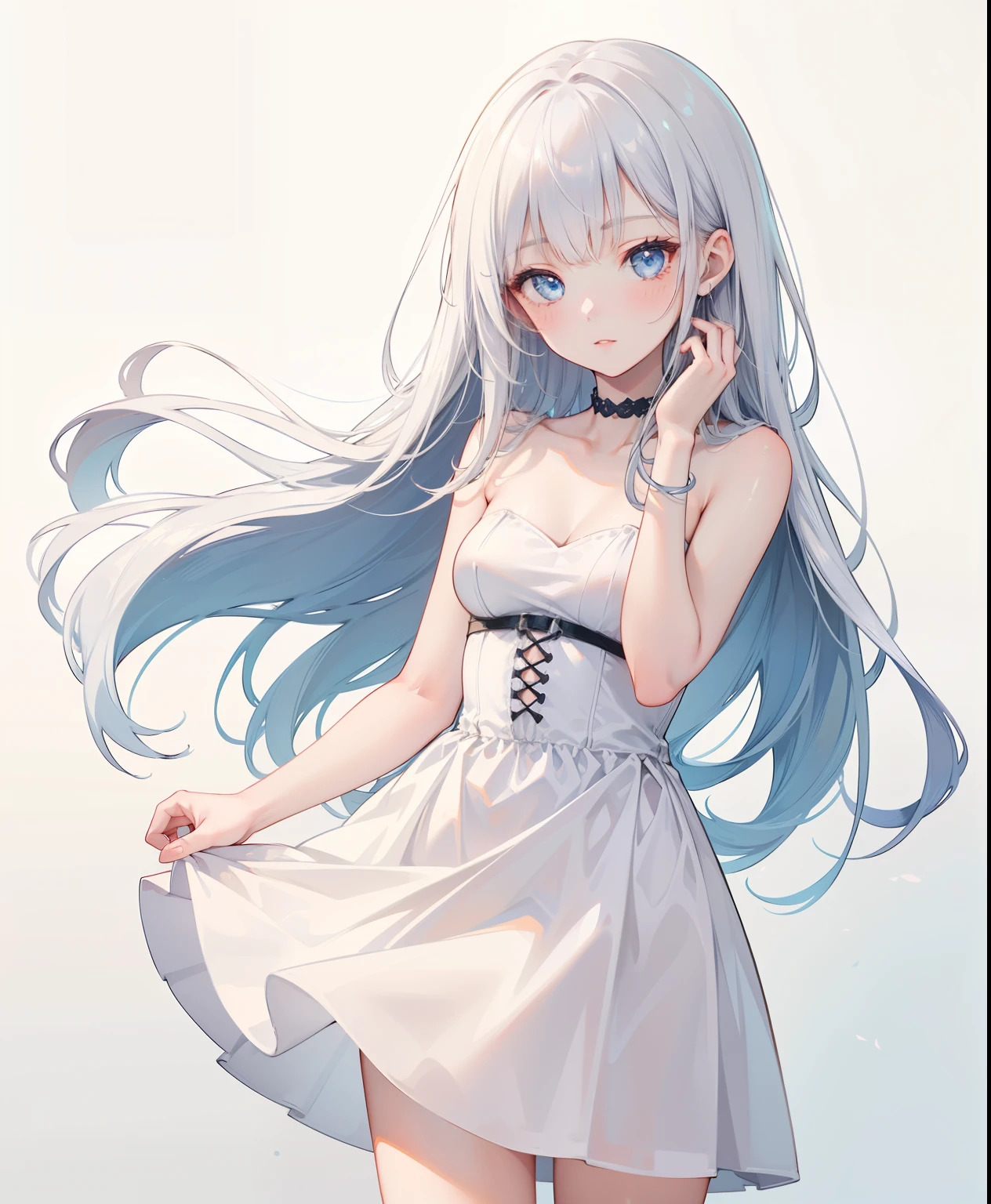1 girl, 16 years old, Arrange pose,Top quality work，Show Legs，((just standing)),(long white hair),(blue eyes), Rose cheeks, Pretty Face, A perfectly proportioned face, ((casual A-LINE SATIN BUSTIER DRESS)), tokyo street,((white wall background)), round small breasts, 