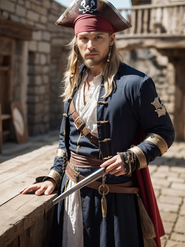 (Top quality、On the table、8K、Top image quality、SFW)、a pirate captain、(Fascinating Medieval European Viking Costumes:1.3)、(Very complex classic pirate costume:1.5)、(Detailed description of many accessories、Big Captain'hat、Perfect long cape:1.3)、(Complex necklaces、Complex emblem、Belts and accessories:1.5)、(Perfect Pirate Ship Structure Explanation:1.5)、(The intricate and realistic interior of a pirate ship:1.5)、(Big sail deck background、There is a large sail on the deck of the ship.、Detailed depiction of a complex ship deck background、Perfect feeling like on a pirate ship:1.7)、(Perfect reproduction of the classical atmosphere:1.5)、(Intricate corset、Giant Cape、The most dignified pirate captain'Complex clothing:1.5)、(Classic and majestic pirate captain costume:1.5)、(She's in the center of the pirate ship、She was on the center deck of the pirate ship..:1.5)、(Spectacular movie lighting、Brilliant sunset、Spectacular sunset、Sunset sea、Big Sunset:1.3)、(describe、A complex depiction of a ship:1.3)、(check me、brown hair、Very hairy、Smile、beautiful smile、Photos of her from the waist up:1.5)