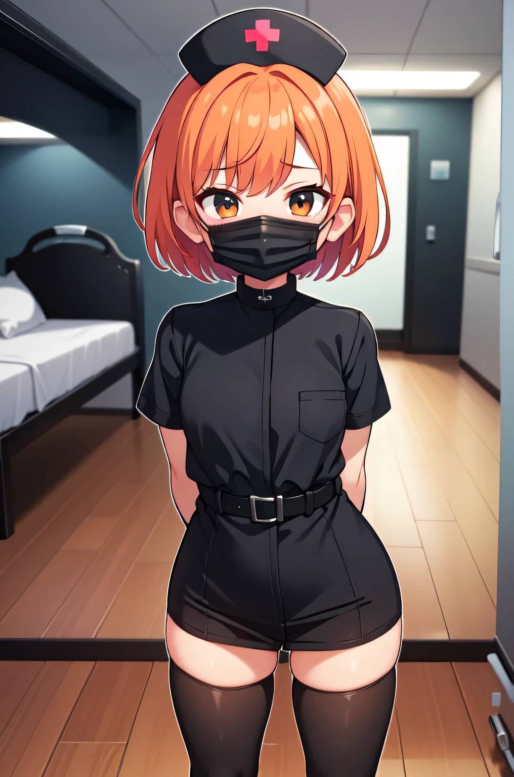 black nurse, 1girl, solo, black nurse cap, black nurse uniform, ((black legwear, zettai ryouiki)), black elbow gloves, very short hair, orange hair, ((black surgical mask, covered nose)), standing, ((surgery room)), sharp outline, short sleeves, tomboy, boyish, best quality, masterpiece