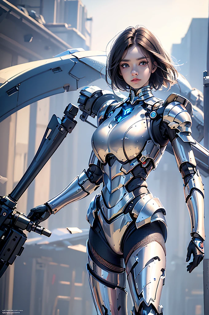 (masterpiece), (best quality), 1 Girl, beautiful girl, Female Warrior, battlefield, white armor, Exoskeleton, Mecha, Mechanical armor, blue eyes, light