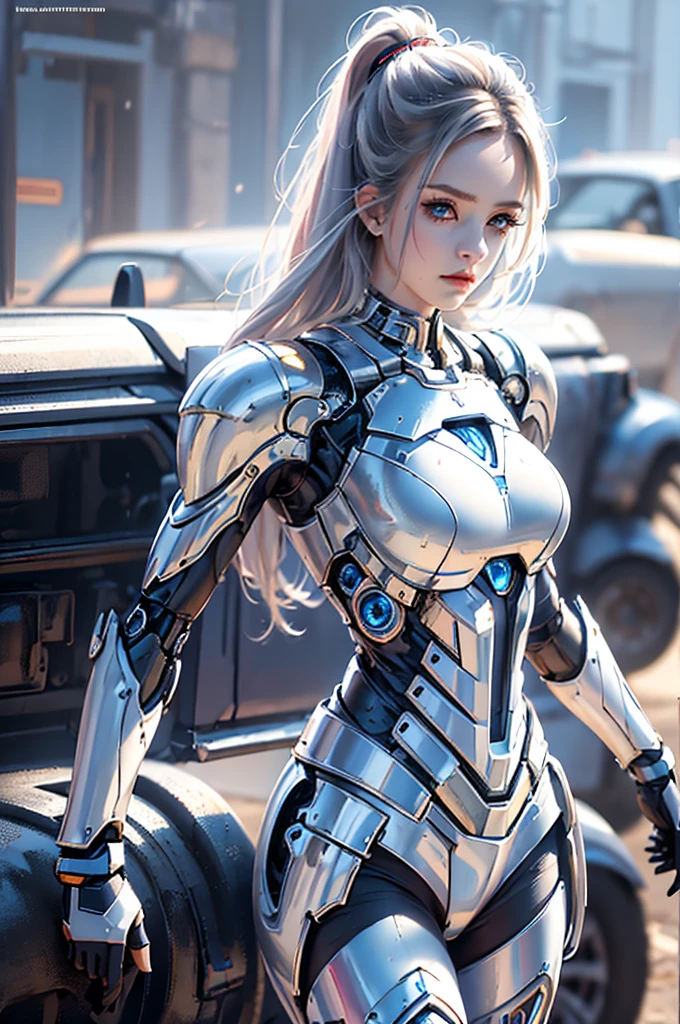 (masterpiece), (best quality), 1 Girl, beautiful girl, Female Warrior, battlefield, white armor, Exoskeleton, Mecha, Mechanical armor, blue eyes, light