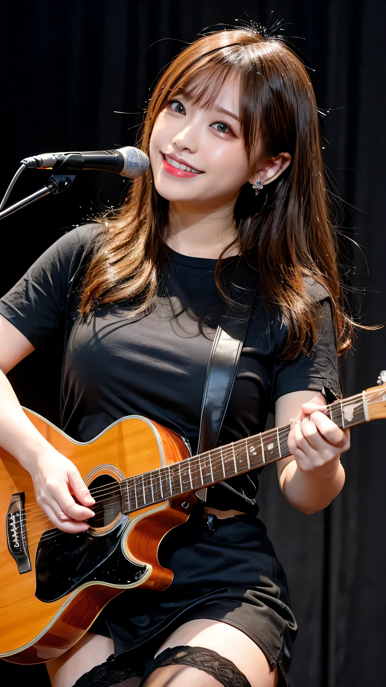 Tabletop, highest quality, shape, Very detailed, finely, High resolution, 8k wallpaper, Perfect dynamic composition, Finely beautiful eyes, T-Shirts,skirt,((Knee socks)),Medium Hair,Natural color lip, 21 years old、cute、F Cup、Brown Hair、Band Stage,Earrings,(Wavy Hair),,Big Breasts,Playing guitar,Sweating,Singing a song,Sweating on thighs,smile