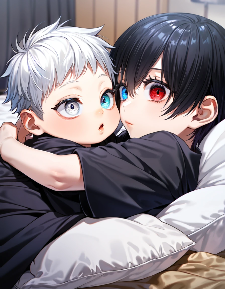 absurdres, highres, ultra detailed, HDR, master piece, best quality, extremely detailed face and eyes, Gojo Satoru as a baby, short hair with bangs, hair between the eyes, two different hair colour, bicolored hair, right half black hair, left half white hair, heterochromia, right eye red, left eye blue, white eyelashes, Jujutsu Kaisen, solo, cute, black kimono, room, bed, pillows, lying on a bed