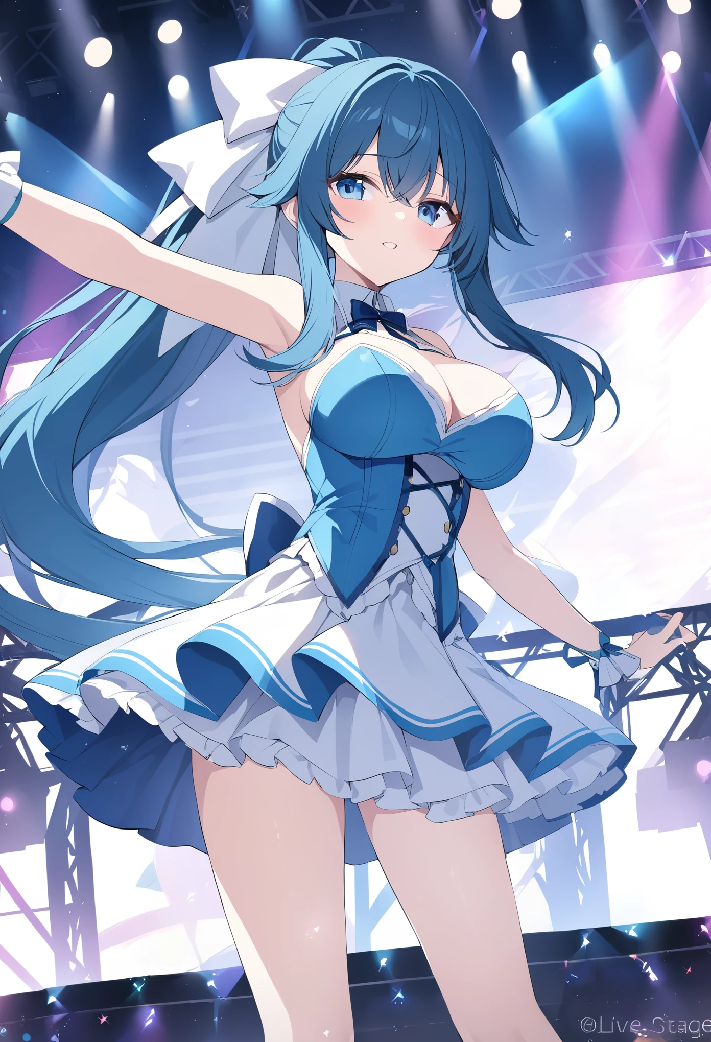 1 girl, game CG, string bikini, miniskirt, idol, string hair ribbon, gigantic breasts, light blue hair, middle hair, two side up, blue eyes, smile, open mouth, sweat, stage, spotlight,