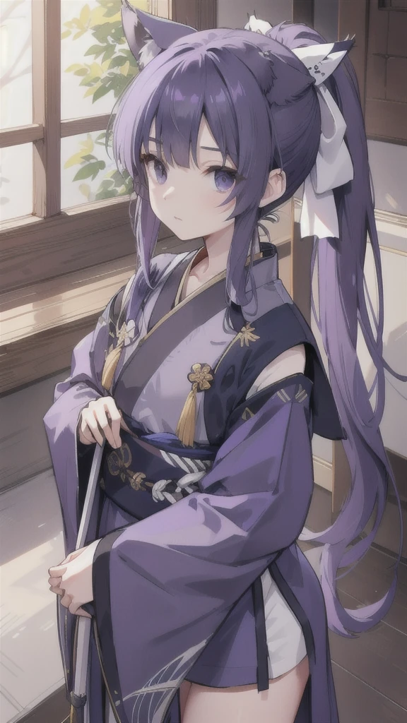 Navy blue short ponytail，black eyes，Wolf's ears，Purple Hanfu armor，longbow
