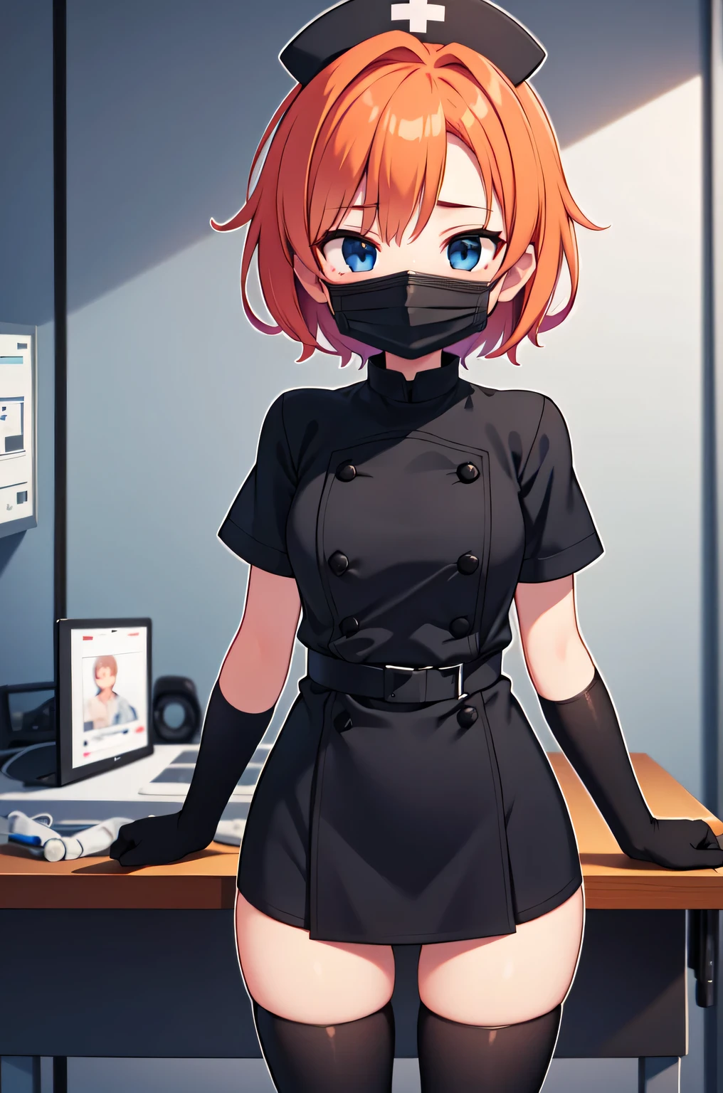 black nurse, 1girl, solo, black nurse cap, black nurse uniform, ((black legwear, zettai ryouiki)), black elbow gloves, very short hair, orange hair, ((black surgical mask, covered nose)), standing, ((surgery room)), sharp outline, short sleeves, tomboy, boyish, best quality, masterpiece