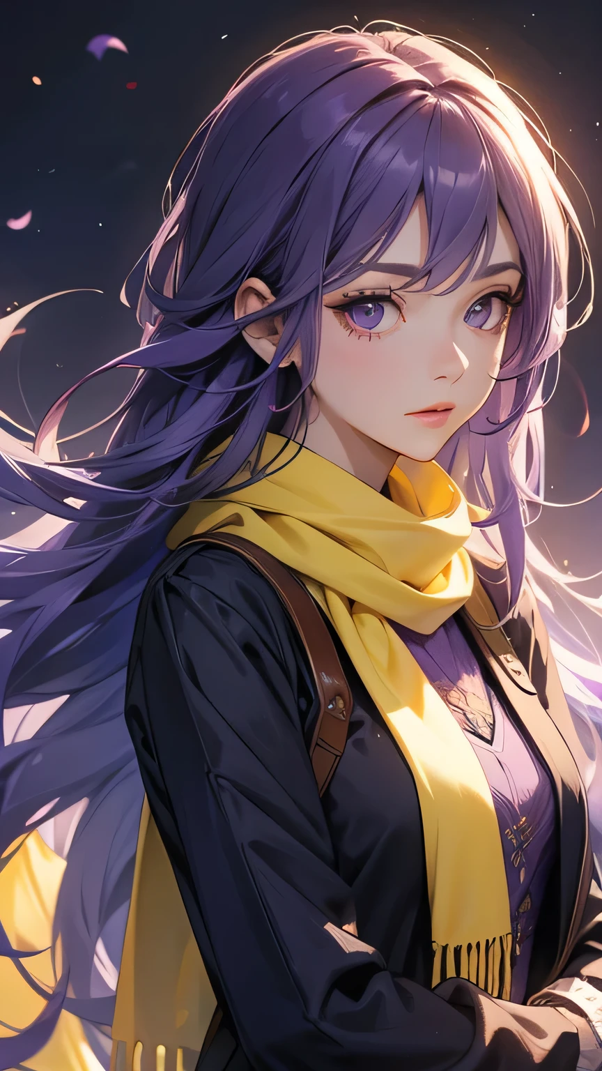 Purple long hair, yellow scarf, purple clothes, beautiful woman