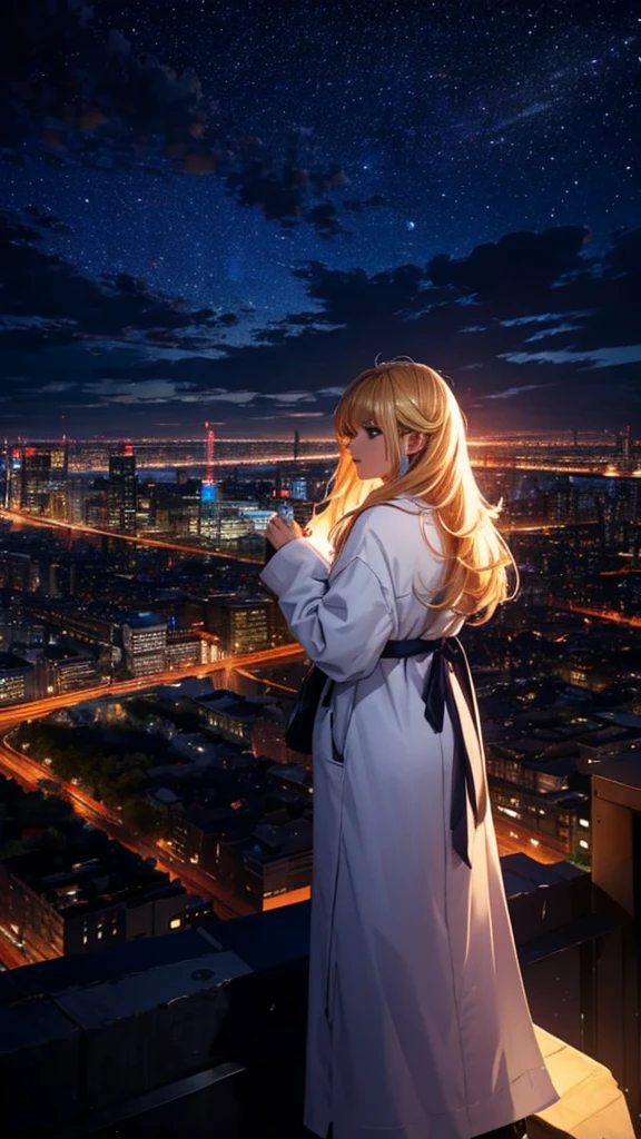 １people々々々々々々々々々々々,Blonde long-haired woman，White long coat， Dress Silhouette， Rear View，Space Sky, comet, Anime Style, City night view from the rooftop，Countless crosses of light in the city，