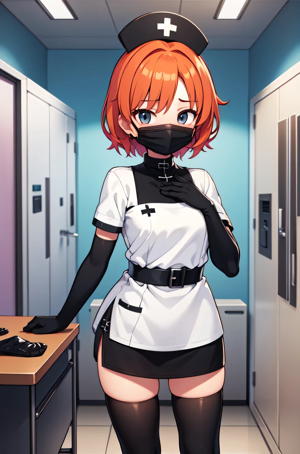 black nurse, 1girl, solo, black nurse cap, black nurse uniform, ((black legwear, zettai ryouiki)), black elbow gloves, very short hair, orange hair, ((black surgical mask, covered nose)), standing, ((surgery room)), sharp outline, short sleeves, tomboy, boyish, best quality, masterpiece