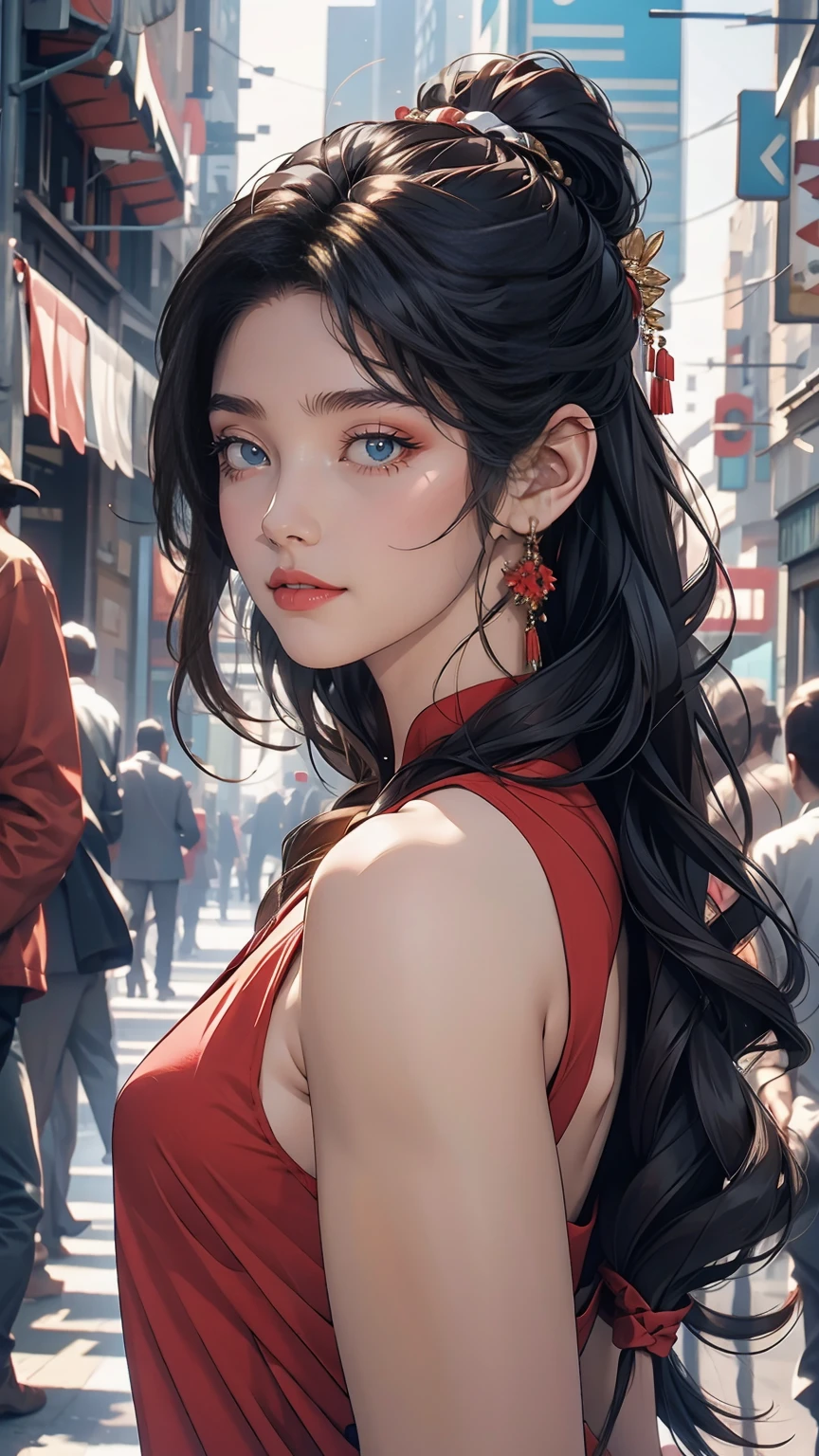 girl, Black Hair, 1980s (style), Red sleeveless dress, Long Hair,