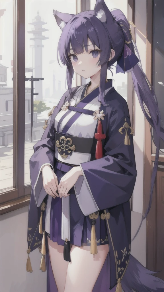 Navy blue short ponytail,black eyes,Wolf's ears,Purple Hanfu armor,longbow