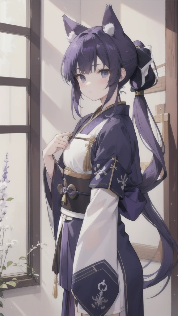 Navy blue short ponytail,black eyes,Wolf's ears,Purple Hanfu armor,longbow