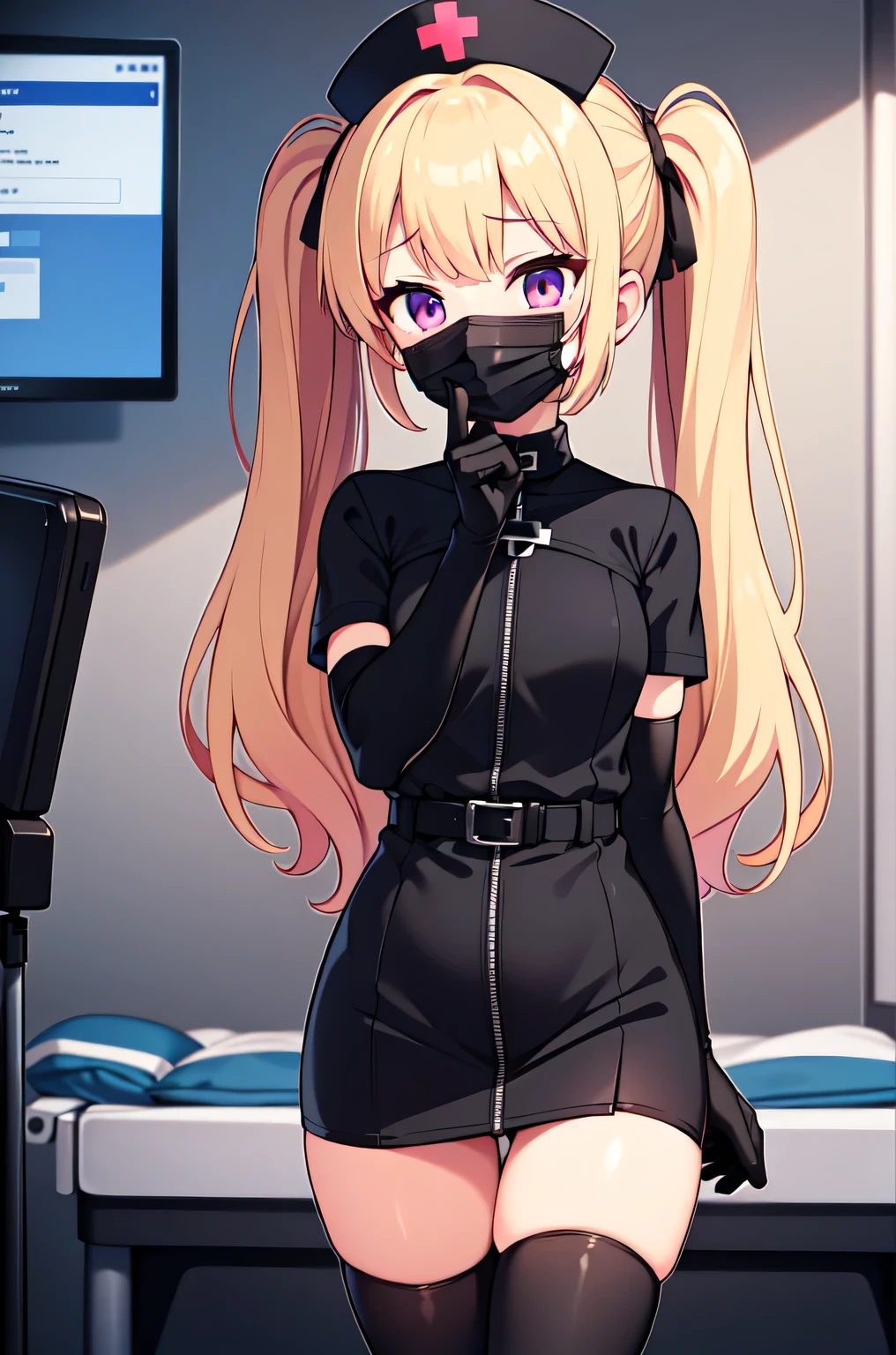 black nurse, 1girl, solo, black nurse cap, black nurse uniform, ((black legwear, zettai ryouiki)), black elbow gloves, twintails, yellow hair, purple eyes, ((black surgical mask, covered nose)), standing, ((surgery room)), sharp outline, short sleeves, best quality, masterpiece