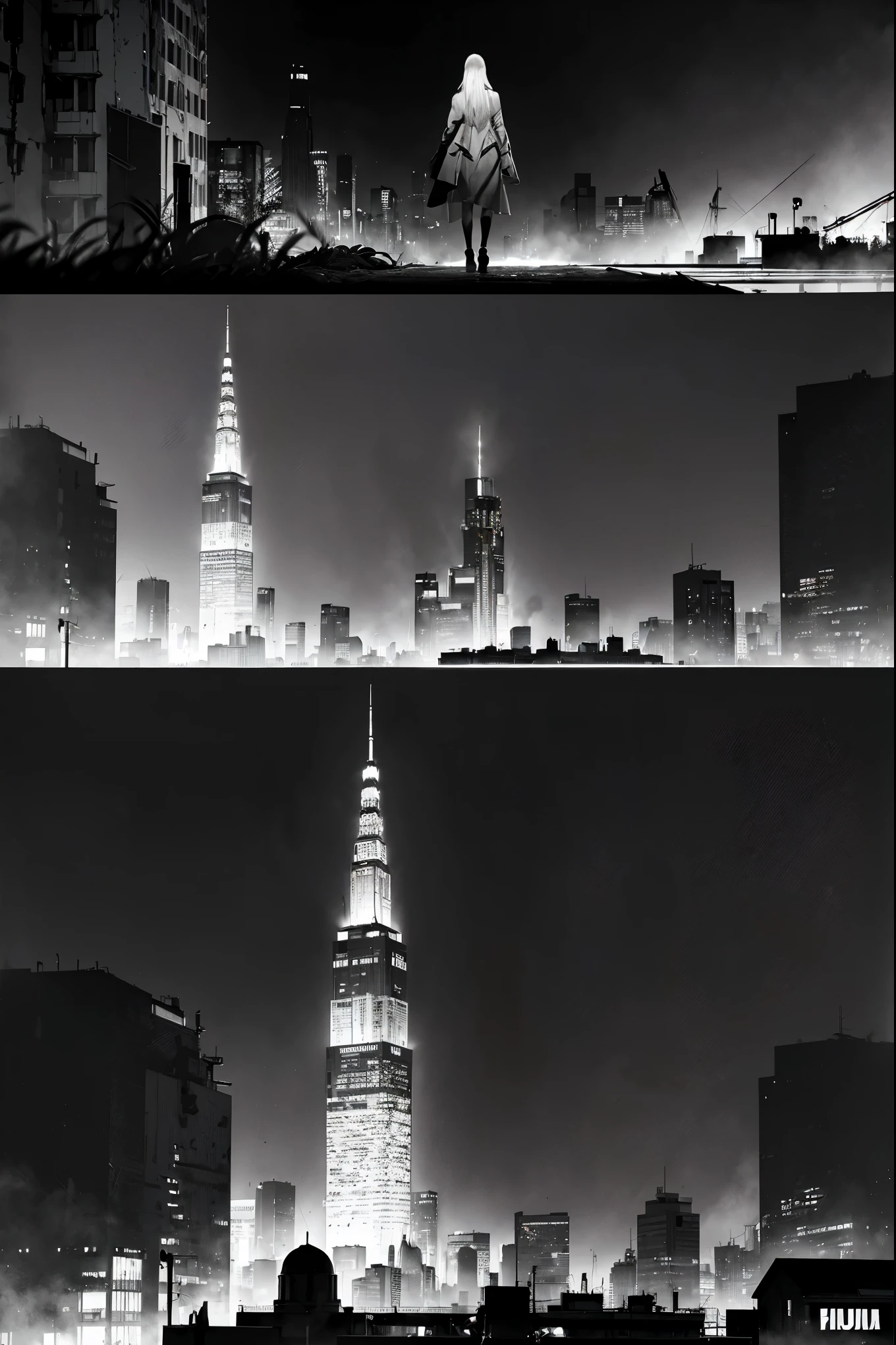 best quality,4k,8k,highres,masterpiece:1.2,ultra-detailed,realistic:1.37,post-apocalyptic manga city scenery,cyberpunk art style,dystopian future,desolate ruins,grim atmosphere,dilapidated buildings,overgrown vegetation,crumbling infrastructure,dark and moody lighting,abandoned vehicles, streets,ominous skies,neon lights,glowing holograms,fallen billboards,destroyed landmarks,mysterious figures in the shadows,hauntingly beautiful,unforgettable imagery,emotional impact,detailed backgrounds,action-packed scenes,majestic cityscape,impressive architectural design,expressive characters,imposing mecha,explosions and smoke,futuristic technology,visually stunning,rich color palette,vivid hues,contrasting shades,sharp contrasts,emphasis on depth and perspective,cinematic composition,intricate line work,meticulous attention to detail,eye-catching visuals,immersive visualization,a captivating story unfolding through images.