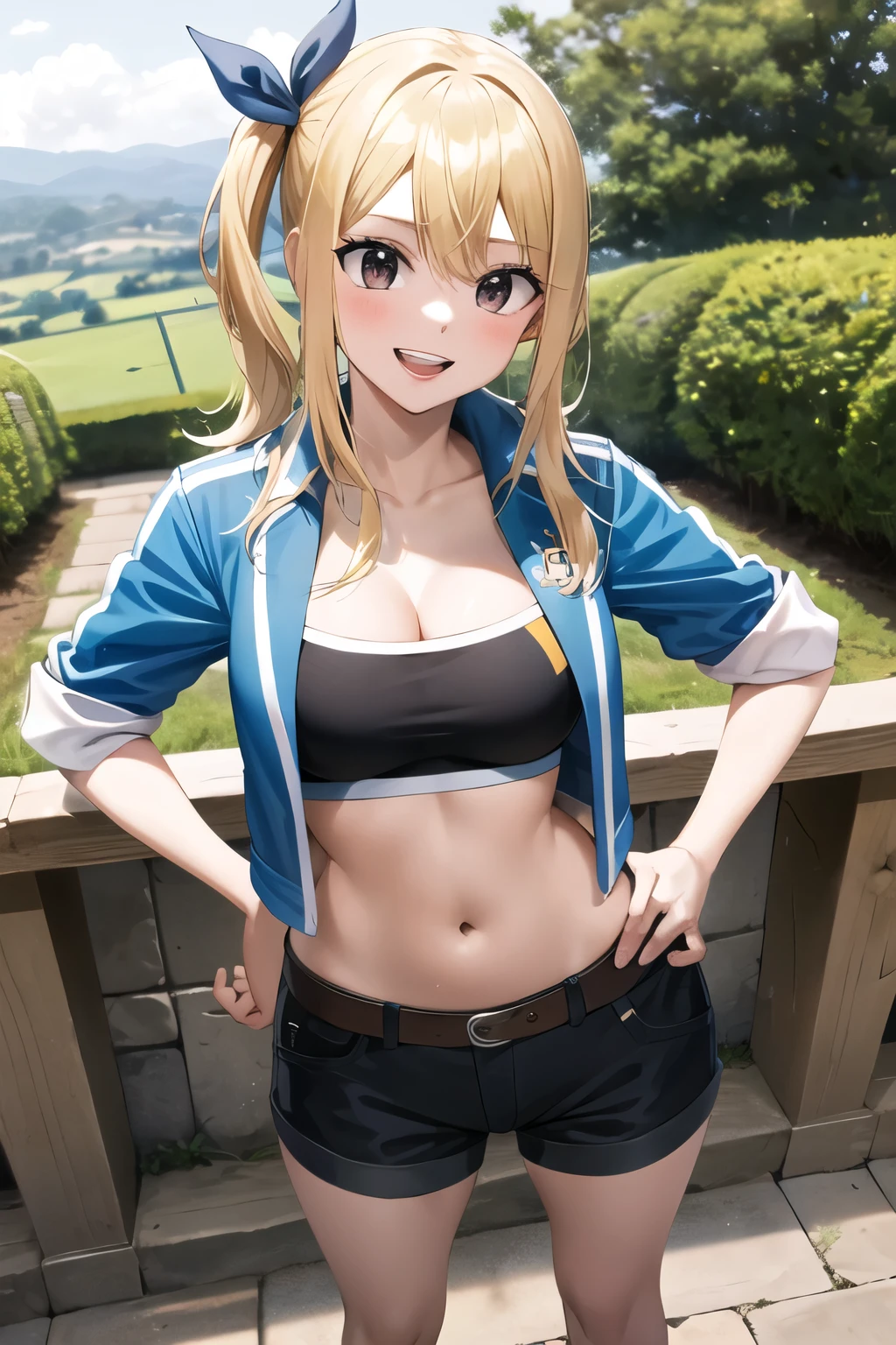 Obra de arte, melhor qualidade, high resolution, Lucy Heartfilia, cabelo loiro, cabelo longo, seios grandes, jaqueta, corte superior, ombro nu, show stomach, cinto, saia plissada, tiro de vaqueiro, standing, olhando para o espectador, estrada da cidade, ar livre, modern estrada da cidade, corar, shy, sorriso, mostrar os dentes, meia,
