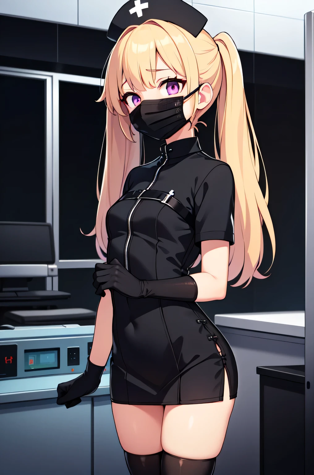 black nurse, 1girl, solo, black nurse cap, black nurse uniform, ((black legwear, zettai ryouiki)), black elbow gloves, twintails, yellow hair, purple eyes, ((black surgical mask, covered nose)), standing, ((surgery room)), sharp outline, short sleeves, best quality, masterpiece