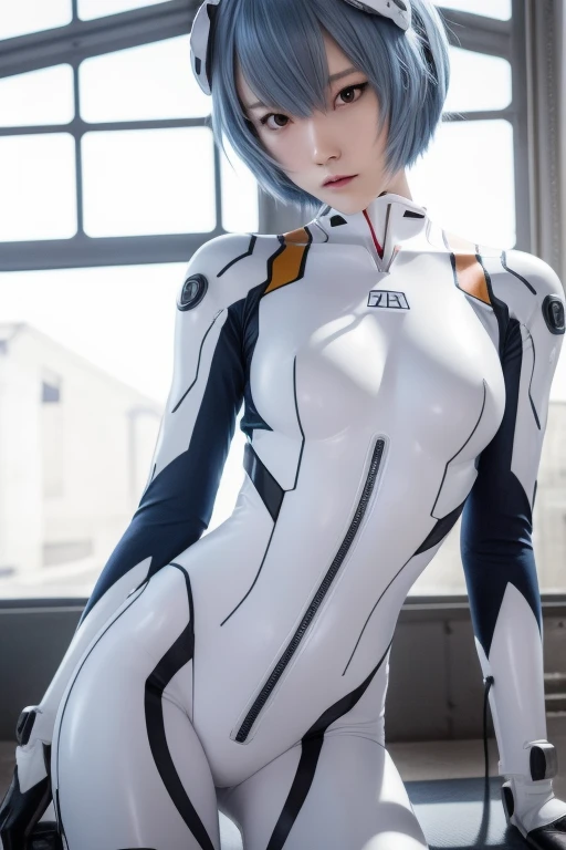 (masterpiece:1.2), highest quality, (Beautiful details:1.4), Highly detailed photos, Natural light, 
Hangar in the background, Large hangars, 
Rei Ayanami, One Girl, 
Navy Blue Hair, Smooth Hair, Thin Hair, short hair, (Red Eyes:1.2), 
Don't leave or right々headgear of, White headpod, Headset Interface, 
Bodysuits, A plug suit that completely covers the body, A simple and soft plug suit, 白いBodysuits,
Small breasts, small breasts, 