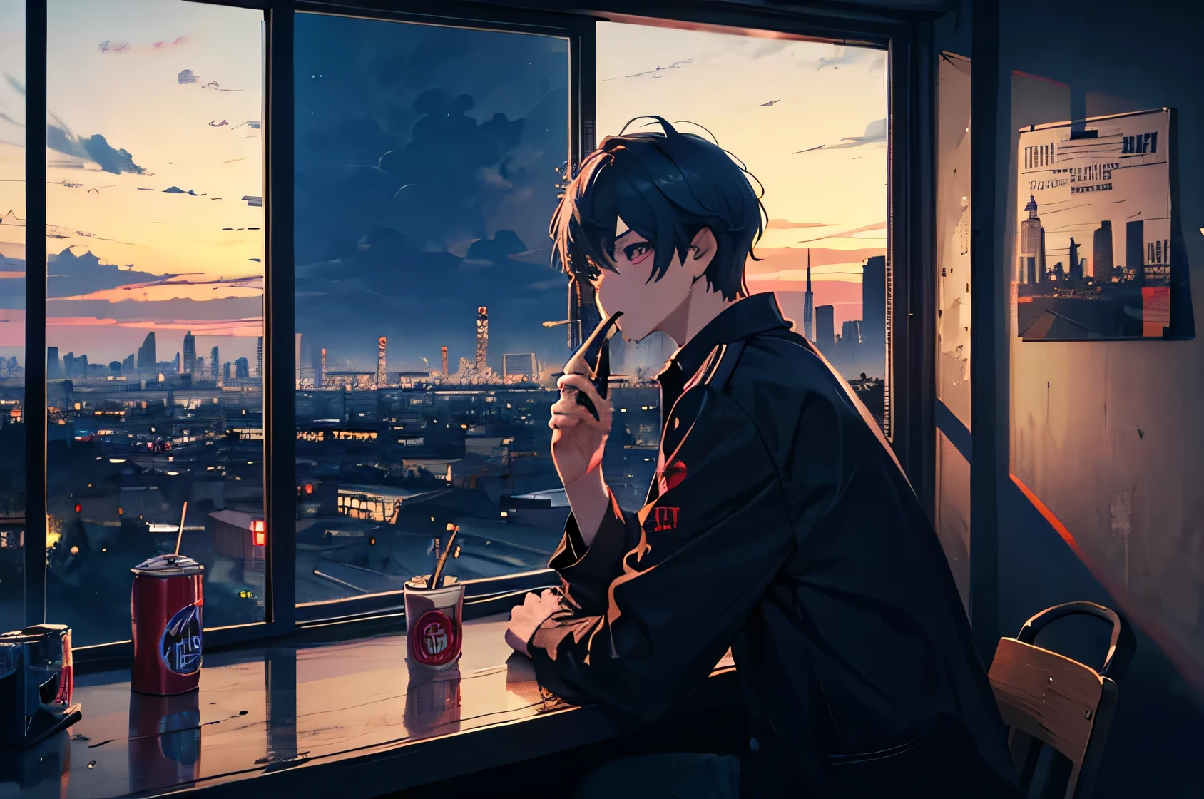 Cans of beer and cigarette butts by the window, looking at the city in the twilight boy